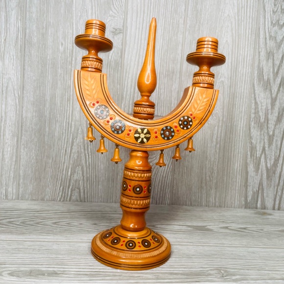 Rare Vintage wooden Boho Hand Painted Candelabra beaded & brass inlay decoration - Picture 5 of 8
